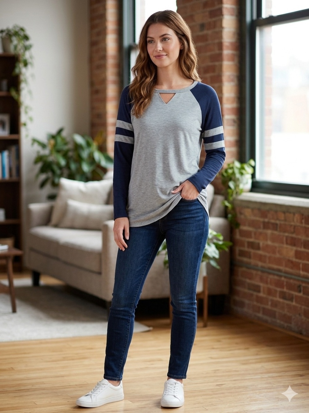 Hailey & Co. Womens Grey & Navy Long-Sleeve Raglan Top with Keyhole